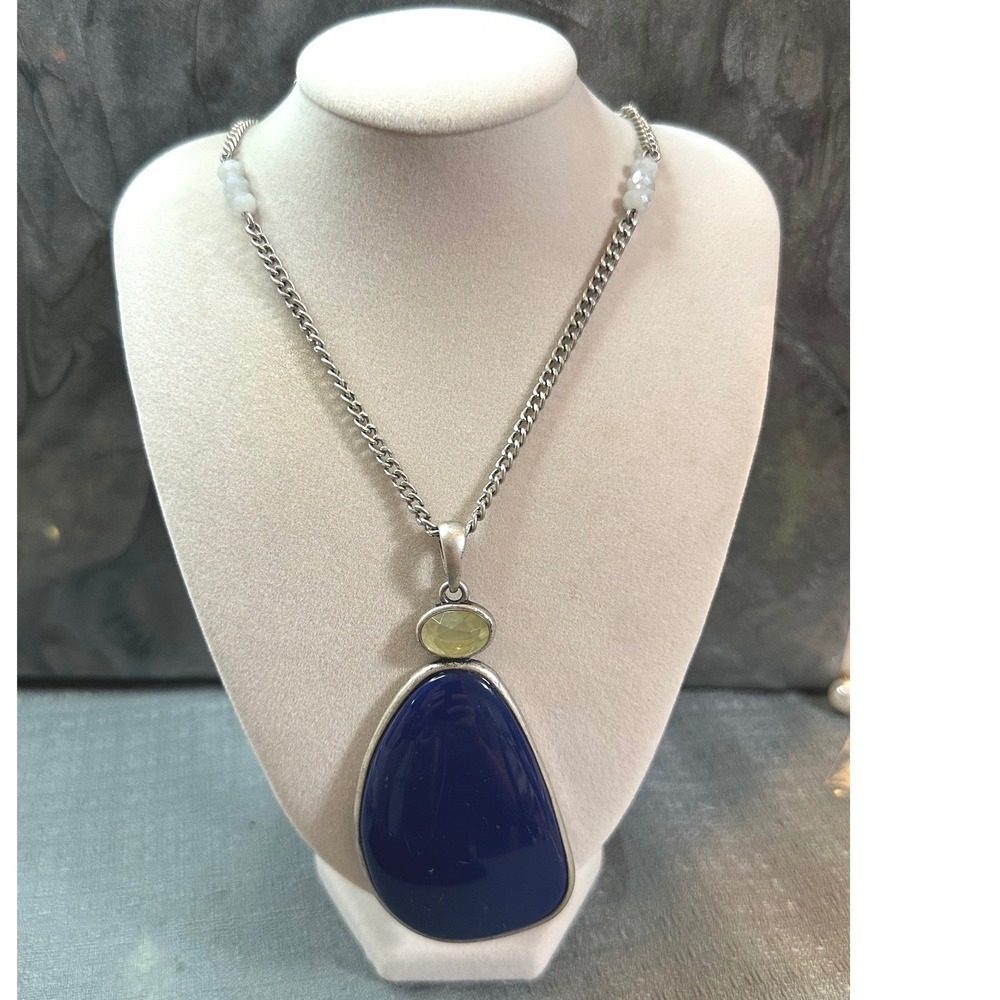 Chico's Cobalt Blue Teardrop Statement Necklace Silver Tone Adjustable
